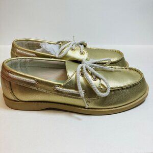 Little Mismatched Loafers Girls Youth 4 Metallic Boat Shoes Gold Slip on New